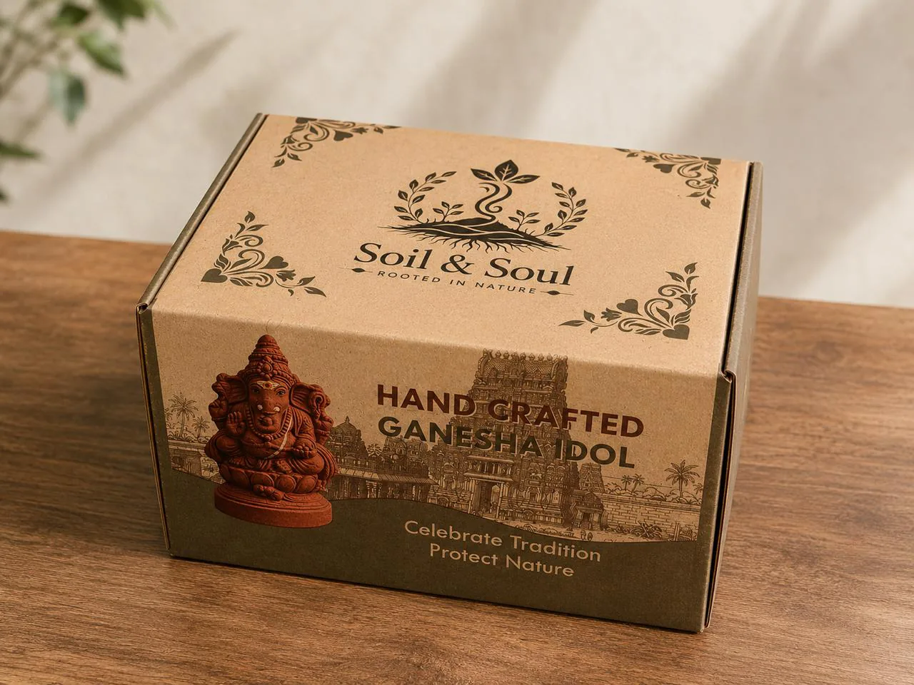 Eco-friendly kraft packaging for the Soil & Soul plantable Ganesha idol, handmade in India