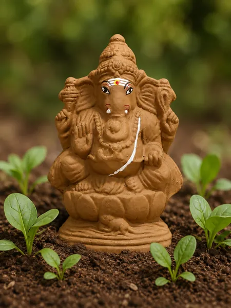 Illustration of a plantable clay Ganesha idol in soil with seedlings sprouting around it