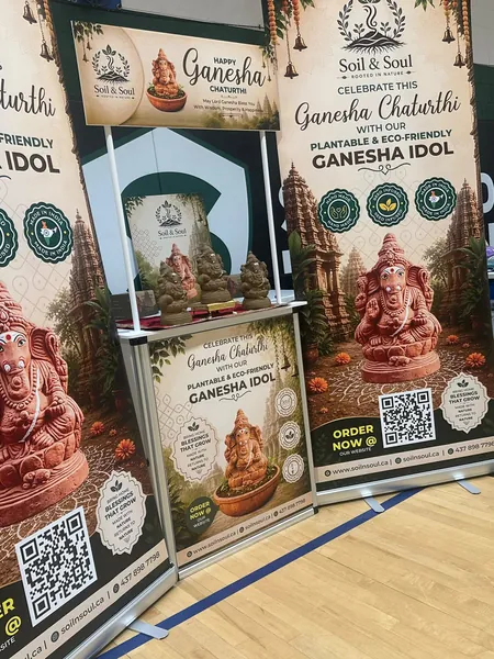 Soil & Soul stall displaying eco-friendly plantable Ganesha idols in the GTA